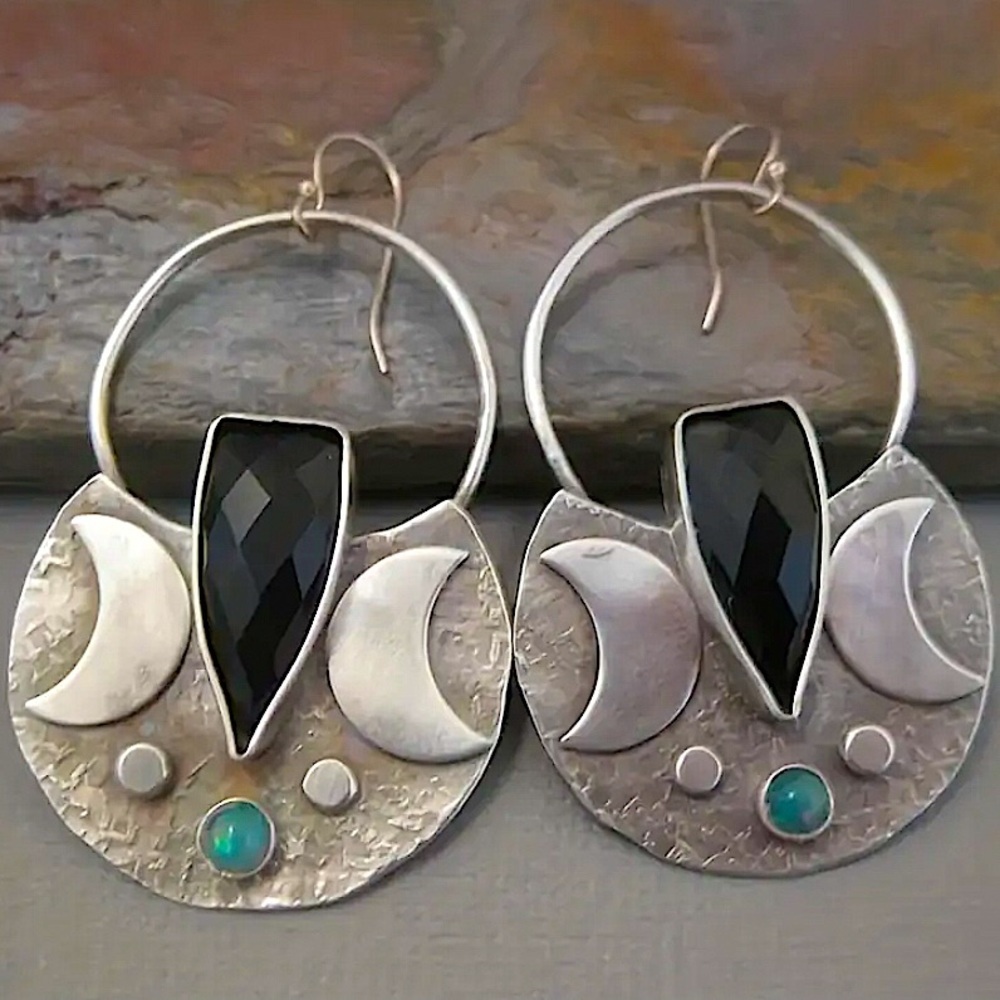 Silver Boho Stone Dangle Earrings Statement Tribal Hippie